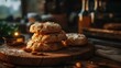Homemade oatmeal cookies on rustic wooden table. Selective focus.