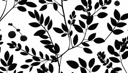 Black branches silhouettes, floral nature botanical elements. Isolated branch with leaf and berries. Flat vector decorative graphic. Generative AI