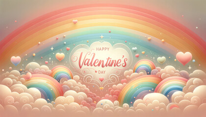 Wall Mural - valentine card with rainbow in clouds, pastel colors, unicorn field concept background