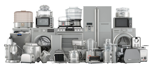 Collection of kitchen appliances, silver metallic colors. 3D rendering isolated on transparent background