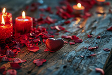 Red Heart And Candle Next To Red Rose Petals On Wooden Background. Image For Valentine's Day, Wedding, Birthday Or Love Message Cards.