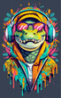 Colourful crocodile listening to music