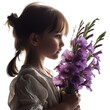 Girl holding violets gladioli on a white background, png
