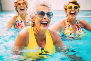 Wall Mural - A group of joyful senior friends in swimsuits enjoying a summer pool day together.