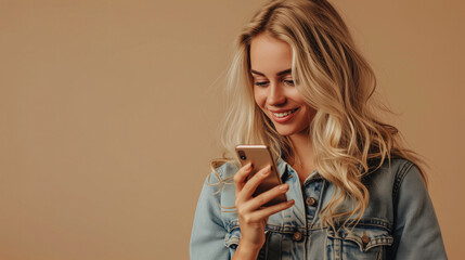 Wall Mural - A young blond woman is looking at a smartphone screen against a beige monochrome studio background.