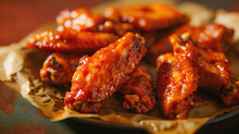 Sticky Glazed Wings On Baking Paper. BBQ Chicken Wings, Rustic Style. Glazed Wings, Rich And Glossy