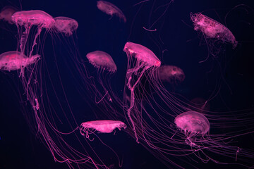 Wall Mural - Group of fluorescent jellyfish swim underwater in aquarium pool with pink neon light. The Atlantic sea nettle chrysaora quinquecirrha in blue water, ocean. Theriology, tourism, diving, undersea life.