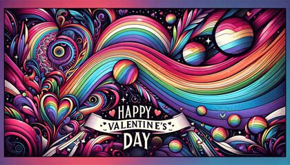 Poster - greeting banner or card LGBT in rainbow colors with Happy Valentines Day text