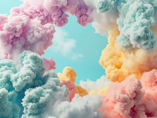 Poster - Fluffy colourful clouds forming a serene frame against a soft blue sky.