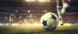 Fototapeta Sport - Soccer player's feet kick the soccer ball for kick - off in the stadium