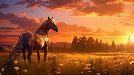 A horse in a meadow in a sunset light