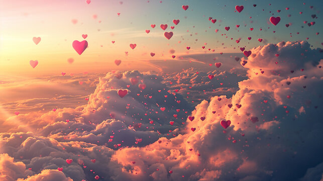 Surreal composition of paper hearts as celestial jewels above clouds on Valentine's Day. 