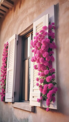 Wall Mural - close-up of open window shutters and pink purple flower decorations on sunny summer day nobody architecture wall