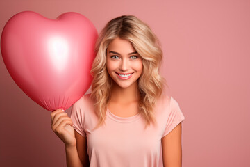 Portrait pretty happy smiling woman with air balloons heart shape on pink background. Woman on Valentine's Day. Symbol of love.