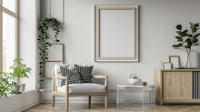 White Empty Frame Mockup Above A Clear Acrylic Chair With A Polka Dot Pattern In The Living Room. 