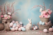 Easter background in retro style with Cute rabbit and basket of easter eggs on pink background. Greeting cards for invitations, decoration, wall decor, congratulations.