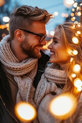 Wall Mural - Couple smiling in front of christmas trees.