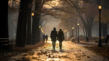 Wedding Couple Walking In A Park At Sunset In Autumn