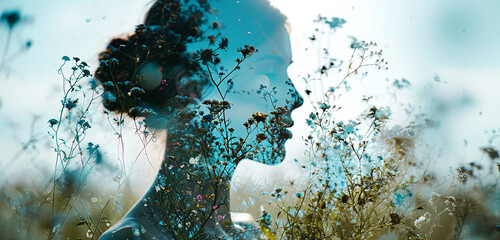 Wall Mural - Woman's portrait entwined with a field of turquoise and teal wildflowers in double exposure.