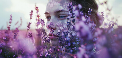 Wall Mural - Woman's portrait showcases a field of lavender and lilac wildflowers in double exposure.