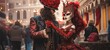 Elegant masked couple dancing at the Carnival of Venice, vibrant colors, magical atmosphere. Banner.