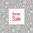 Winter Sale - Schriftzug in englischer Sprache - Winterschlussverkauf. Quadratisches Verkaufsplakat mit einem Rahmen aus Schneekristallen und Herzen.