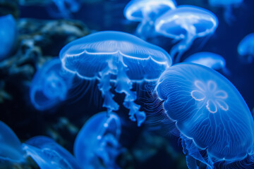 Wall Mural - Aurelia jellyfish in blue water