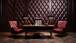 A 3D quilted leather wall pattern in an executive office with a mahogany desk and a leather swivel chair.