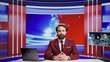 © DC Studio - Journalist broadcasting politics news on tv program, presenting updates and commentaries on international television. Young tv broadcaster talking about world informations and scandals.