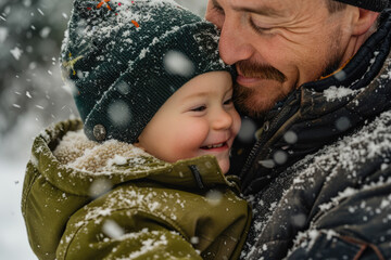 Wall Mural - Father lifting little son up while having fun together outdoor on frosty day