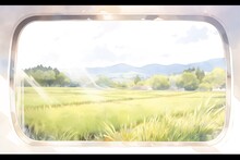 Front View Through The Window Of A Moving Vehicle Of Nature Vista Horizon Landscape Scenery With Fields, Clouds, Mountains; Watercolor Illustration Of Travel (train), Driving (car), Flying (plane)