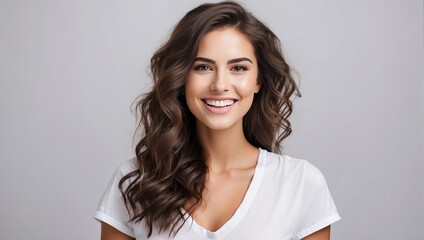 Beautiful brunette woman smiling with nice white teeth close-up on isolated background. Advertising for dental clinic