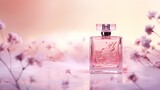 Fototapeta Miasto - A 3D render of a pink perfume bottle with a soft focus on the foreground and background.