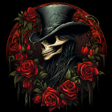 Vintage Skull Crossbones Red Roses Wreath Border, Red Black Background T-shirt Design Steampunk