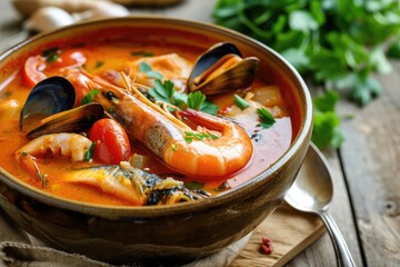 Wall Mural - Bouillabaisse, a Traditional Provençal Fish Stew, Melds a Variety of Fish, Shellfish, Tomatoes, Herbs, and Spices into a Rich and Aromatic Dish, Perfectly Capturing Mediterran