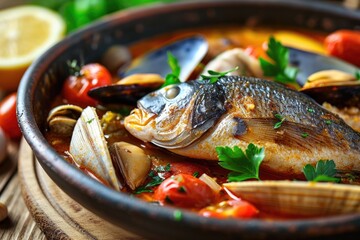 Wall Mural - Bouillabaisse, a Traditional Provençal Fish Stew, Melds a Variety of Fish, Shellfish, Tomatoes, Herbs, and Spices into a Rich and Aromatic Dish, Perfectly Capturing Mediterran