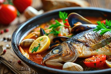 Canvas Print - Bouillabaisse, a Traditional Provençal Fish Stew, Melds a Variety of Fish, Shellfish, Tomatoes, Herbs, and Spices into a Rich and Aromatic Dish, Perfectly Capturing Mediterran