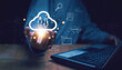 © krungchingpixs - Networking and internet service concept, Cloud technology, Businessman using laptop and show cloud computing icon, Internet network Database technology service file access data sharing and storage.