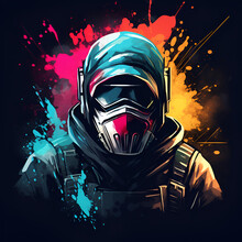 Futuristic Man In A Mask And Hood Gaming Rainbow Style Black Background