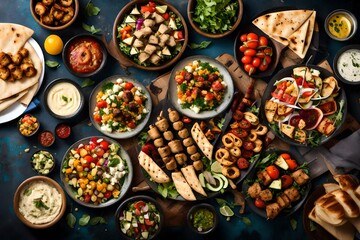 dinner table decorated with colorful food items