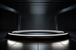 3D realistic vector round scene on a dark background. Black podium for presentations.