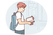 © drawlab19 - Teenager guy with backpack behind back stands near lockers in college room and flips through textbook. Student prepares for lesson by choosing right books and workbooks from safe. Flat vector image