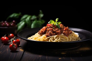 Wall Mural - Classic spaghetti bolognese served on a black wooden table
