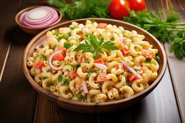 Wall Mural - Delicious homemade macaroni salad with tomato onion celery and parsley