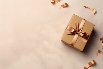 Wall Mural - Light beige background with craft empty gift box and ribbon. Minimalist style template.