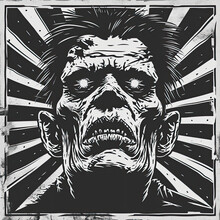 Vintage Style Illustration Of A Classic Monster Face - Retro Horror Graphic Frankenstein Character Face Portrait.