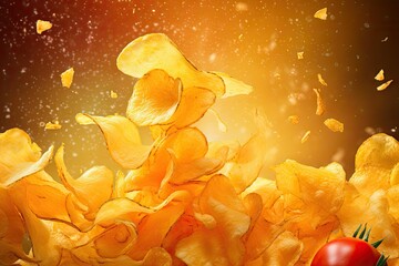 Frozen in mid air yellow food art background captures the delicious sight of potato chips cascading into a bowl of tomato sauce