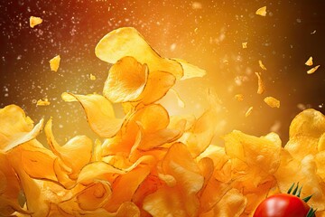 Poster - Frozen in mid air yellow food art background captures the delicious sight of potato chips cascading into a bowl of tomato sauce