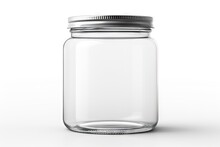 Isolated Mockup Of A Glass Canister Or Jar With A Silver Cap On A White Background With Clipping Path