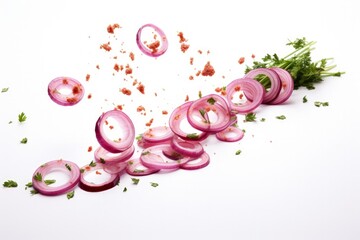 Sticker - Isolated red onion rings with spices and herbs on a white background